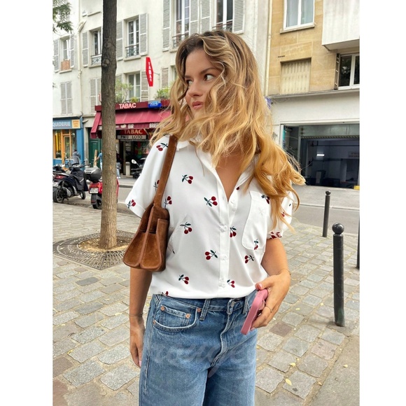 White Casual Shirt Printed Red Cherries Button Down Up - Picture 2 of 10